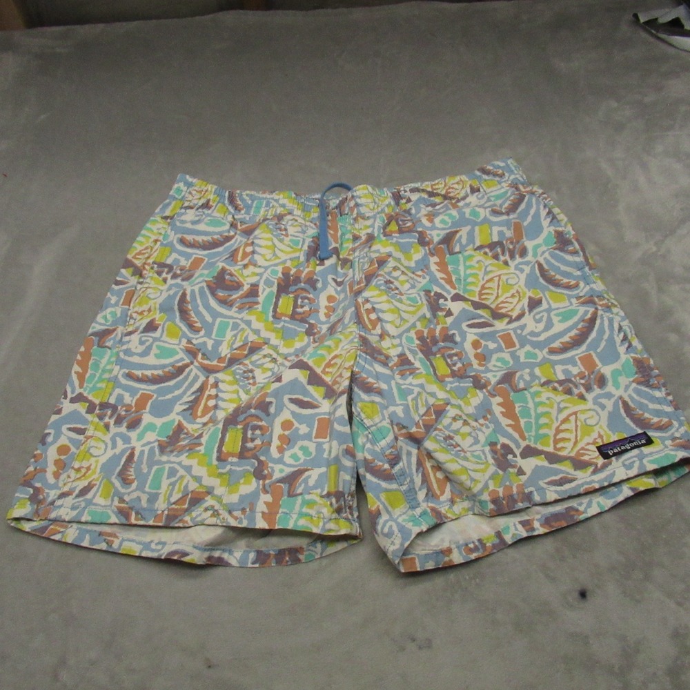 Patagonia Funhoggers Shorts Mens Large White Geometric Drawcord‎ Waist Swim 6"